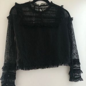 NWT Zara Lace Ruffle Black Top Small Button